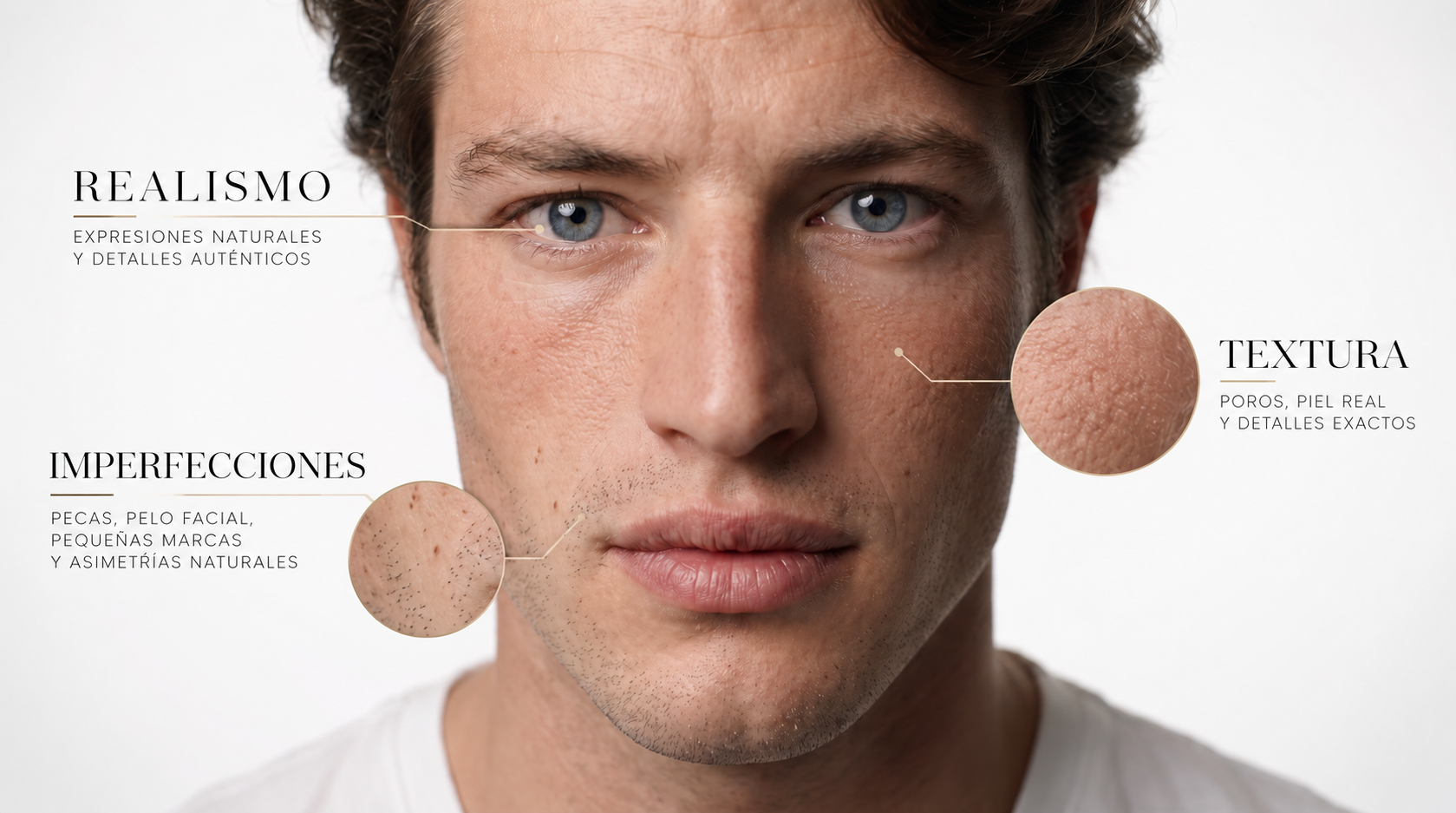 Retrato hiperrealista con detalles ampliados de realismo, textura e imperfecciones de la piel